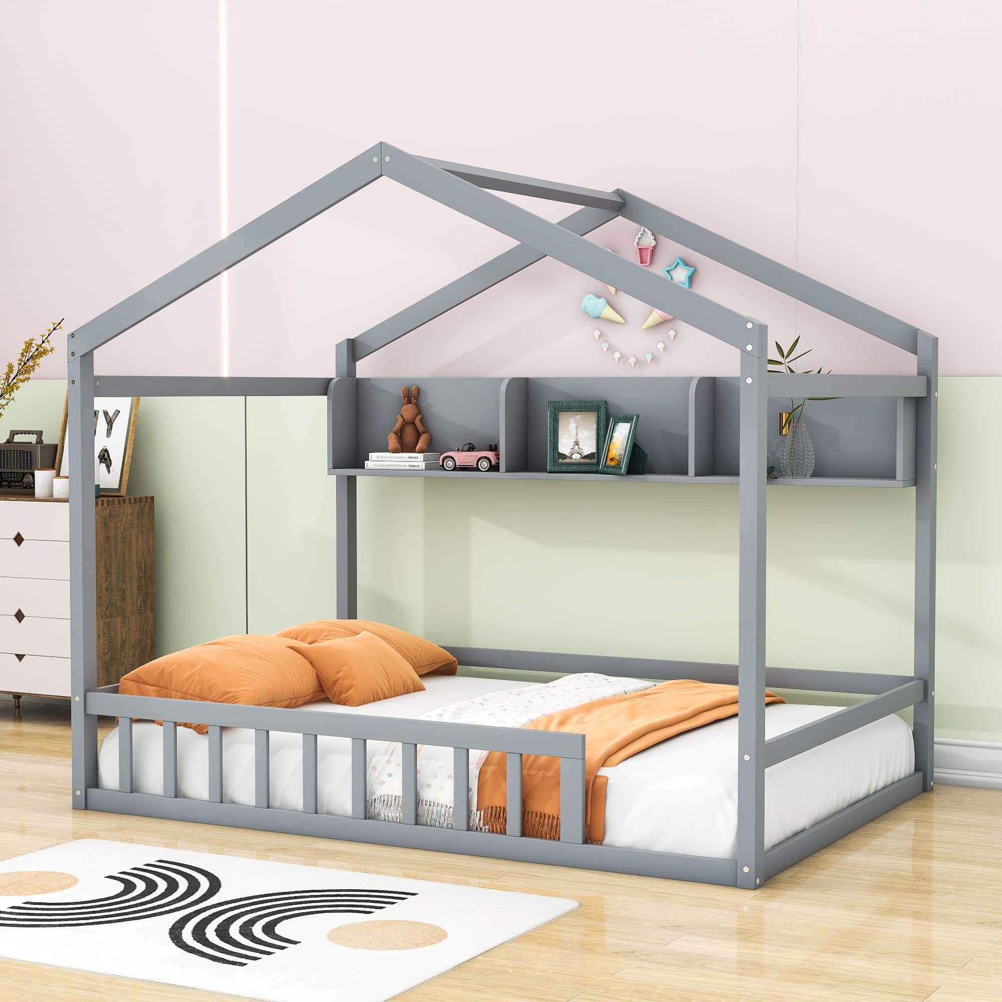 Wood House Full Size Floor Bed with Rails and Storage for Toddler, Kids