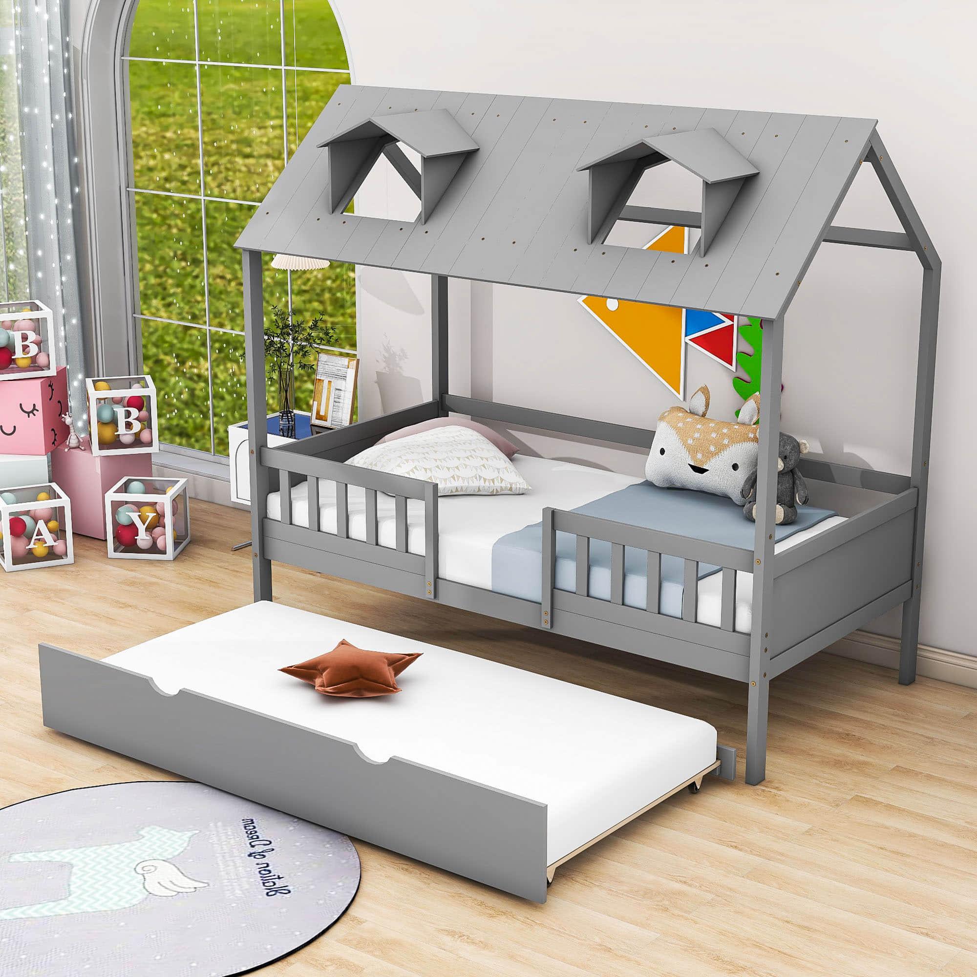 Wooden Twin Kids House Bed with Rails and Twin Trundle Bed