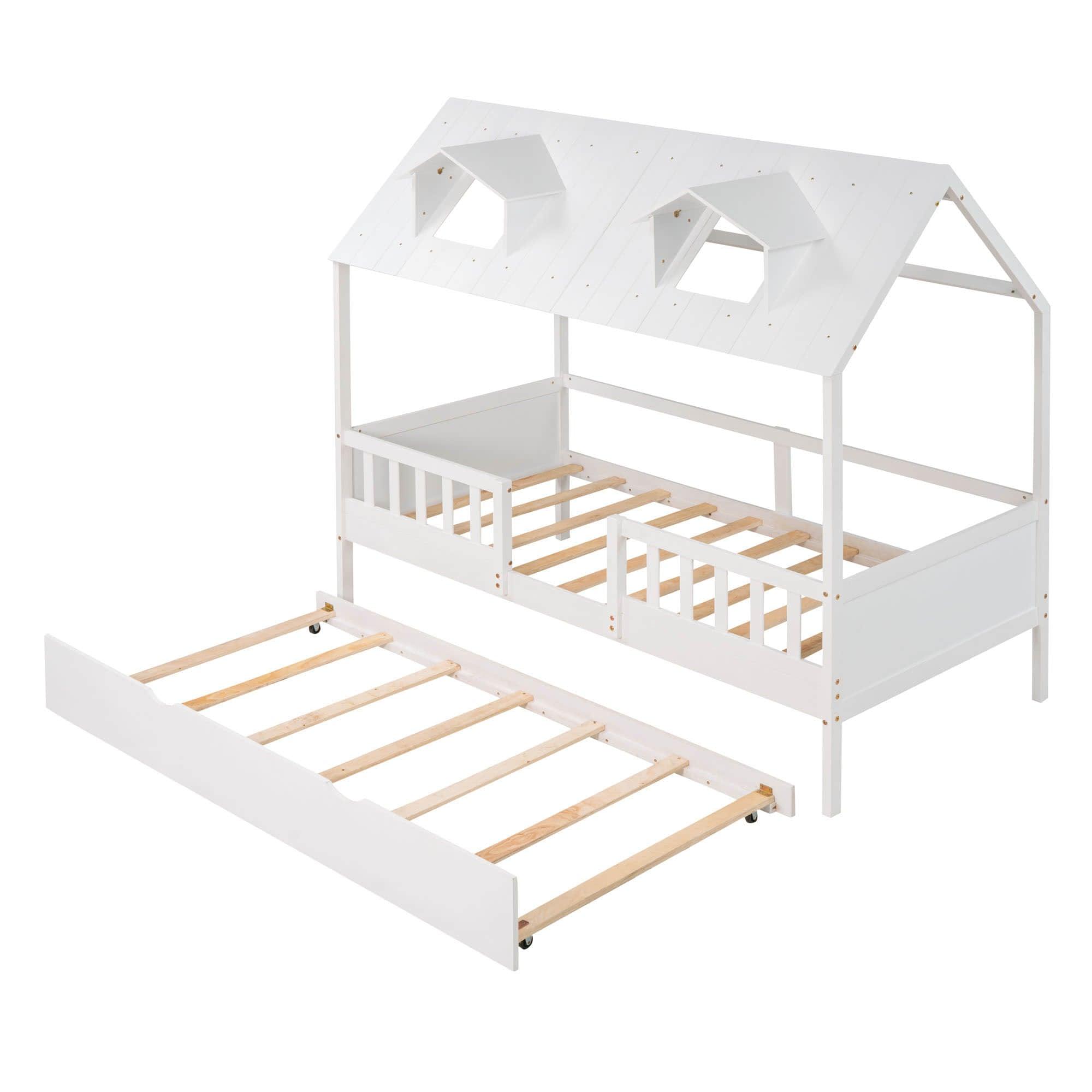 Wooden Twin Kids House Bed with Rails and Twin Trundle Bed