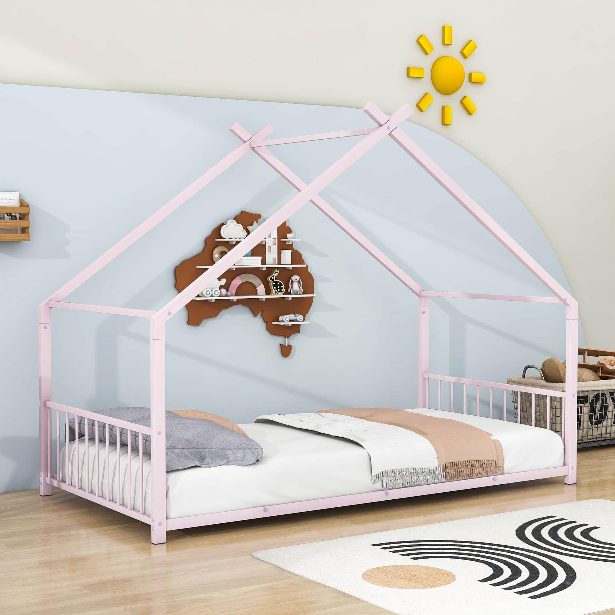 Twin Size Metal House Floor Bed for Toddler, Kids