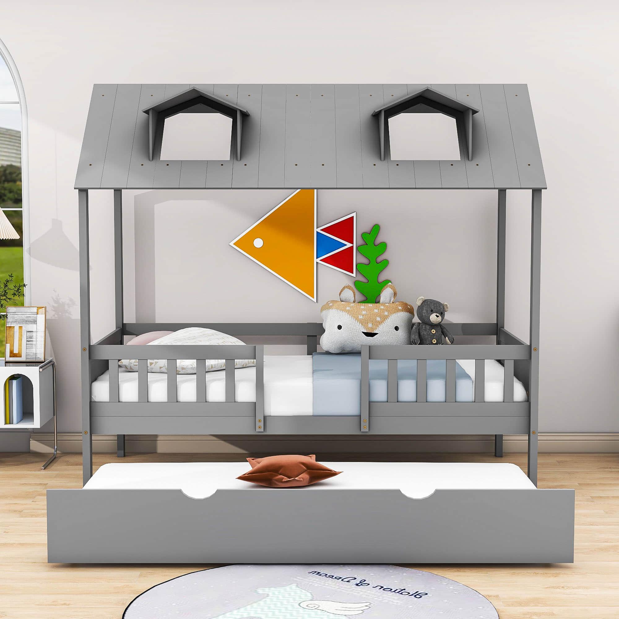 Wooden Twin Kids House Bed with Rails and Twin Trundle Bed