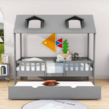 Wooden Twin Kids House Bed with Rails and Twin Trundle Bed