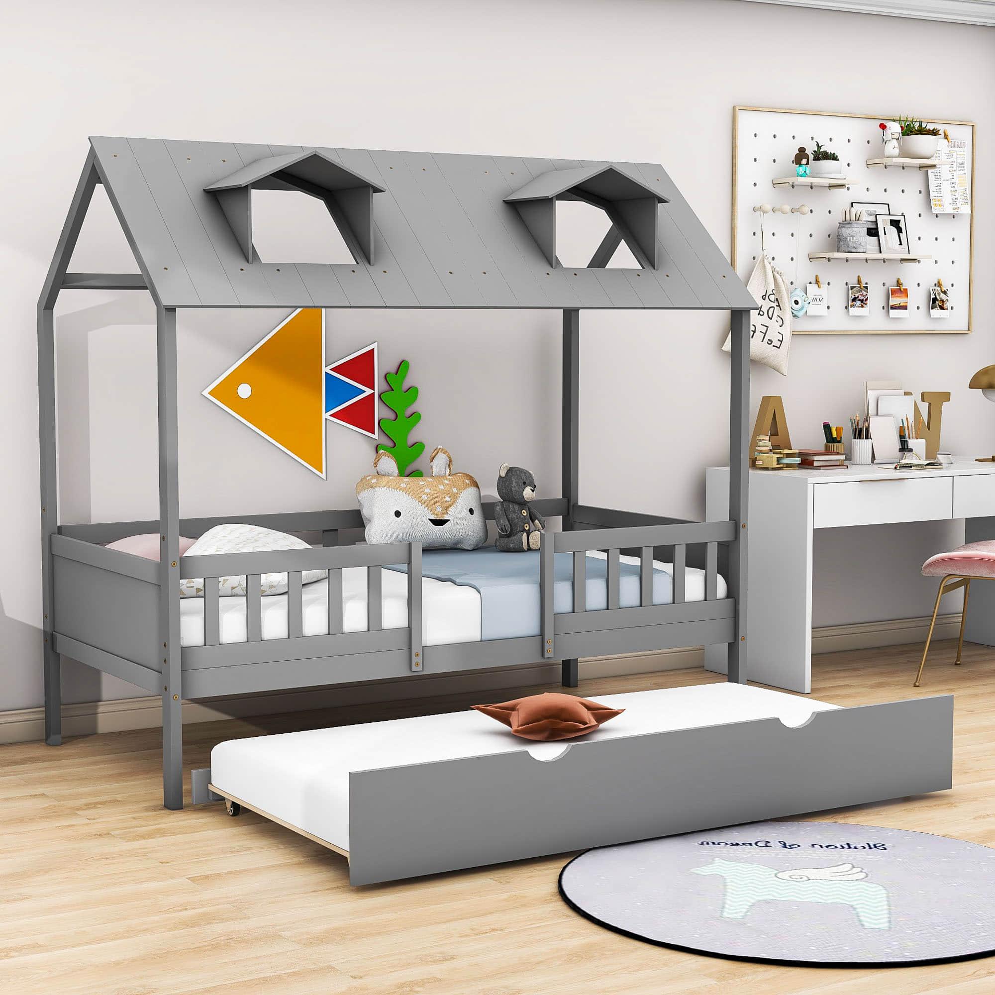 Wooden Twin Kids House Bed with Rails and Twin Trundle Bed