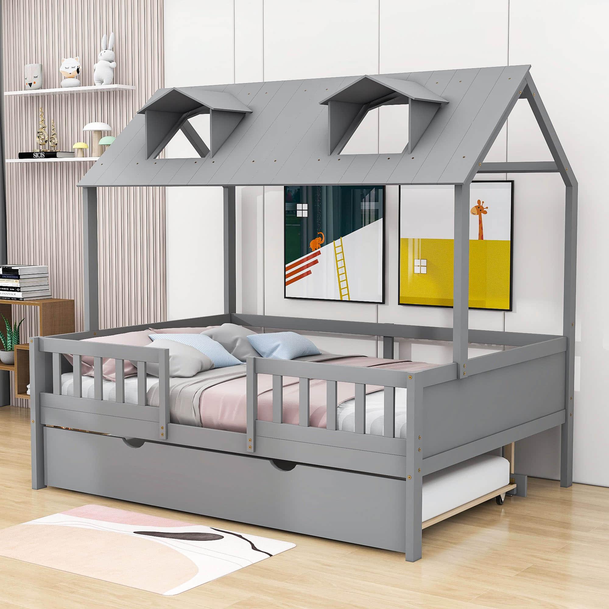 Wooden Full Size Kids House Bed with Rails and Twin Trundle Bed