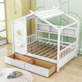 Kids Wooden Full Size House Bed with Storage Drawers, Shelves