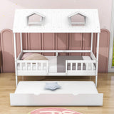 Wooden Twin Kids House Bed with Rails and Twin Trundle Bed