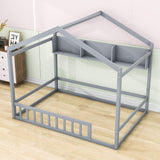 Wood House Full Size Floor Bed with Rails and Storage for Toddler, Kids