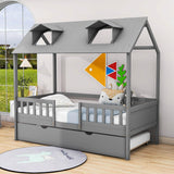 Wooden Twin Kids House Bed with Rails and Twin Trundle Bed