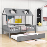 Wooden Full Size Kids House Bed with Rails and Twin Trundle Bed