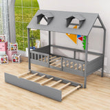 Wooden Twin Kids House Bed with Rails and Twin Trundle Bed