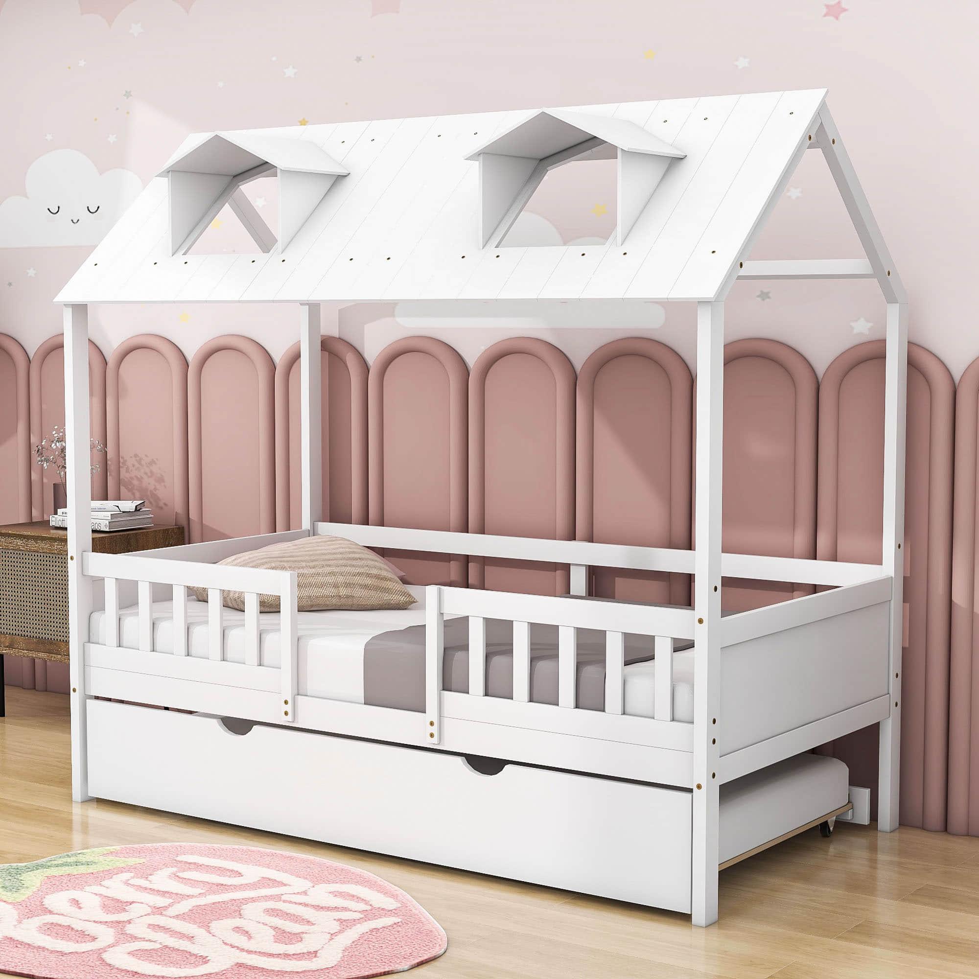 Wooden Twin Kids House Bed with Rails and Twin Trundle Bed