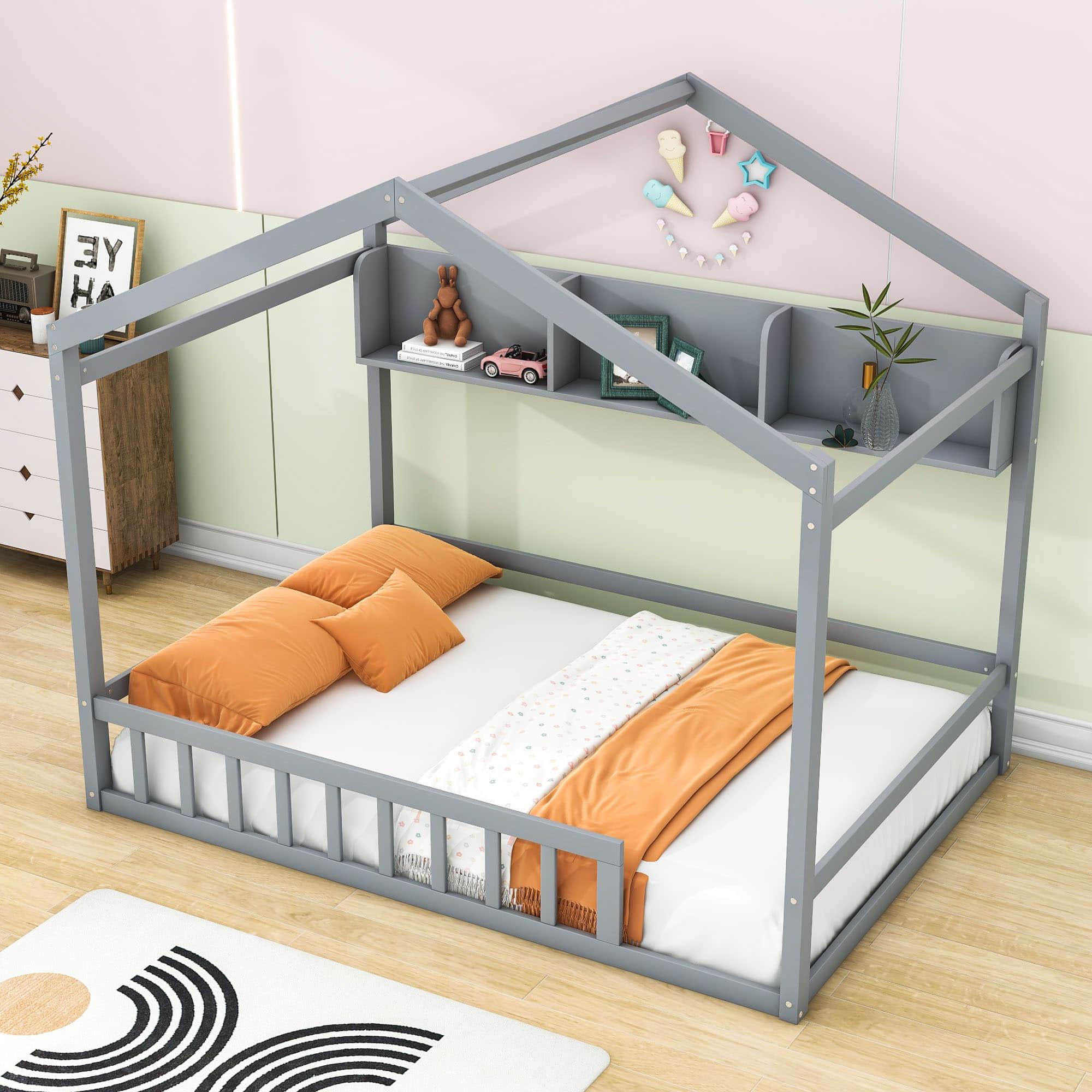 Wood House Full Size Floor Bed with Rails and Storage for Toddler, Kids