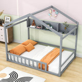 Wood House Full Size Floor Bed with Rails and Storage for Toddler, Kids