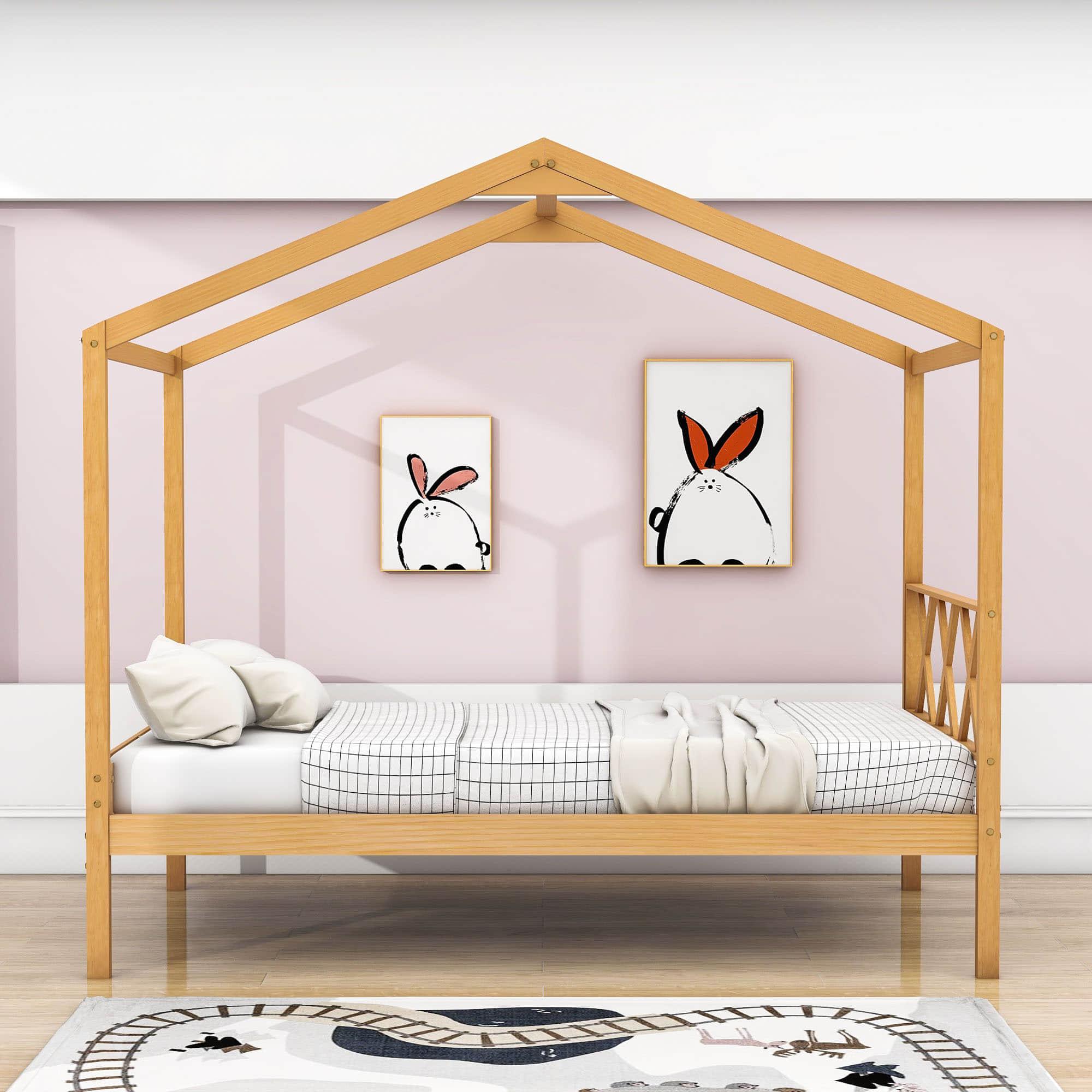 Twin Size Kids House Bed with Headboard and Storage - [Wooden]