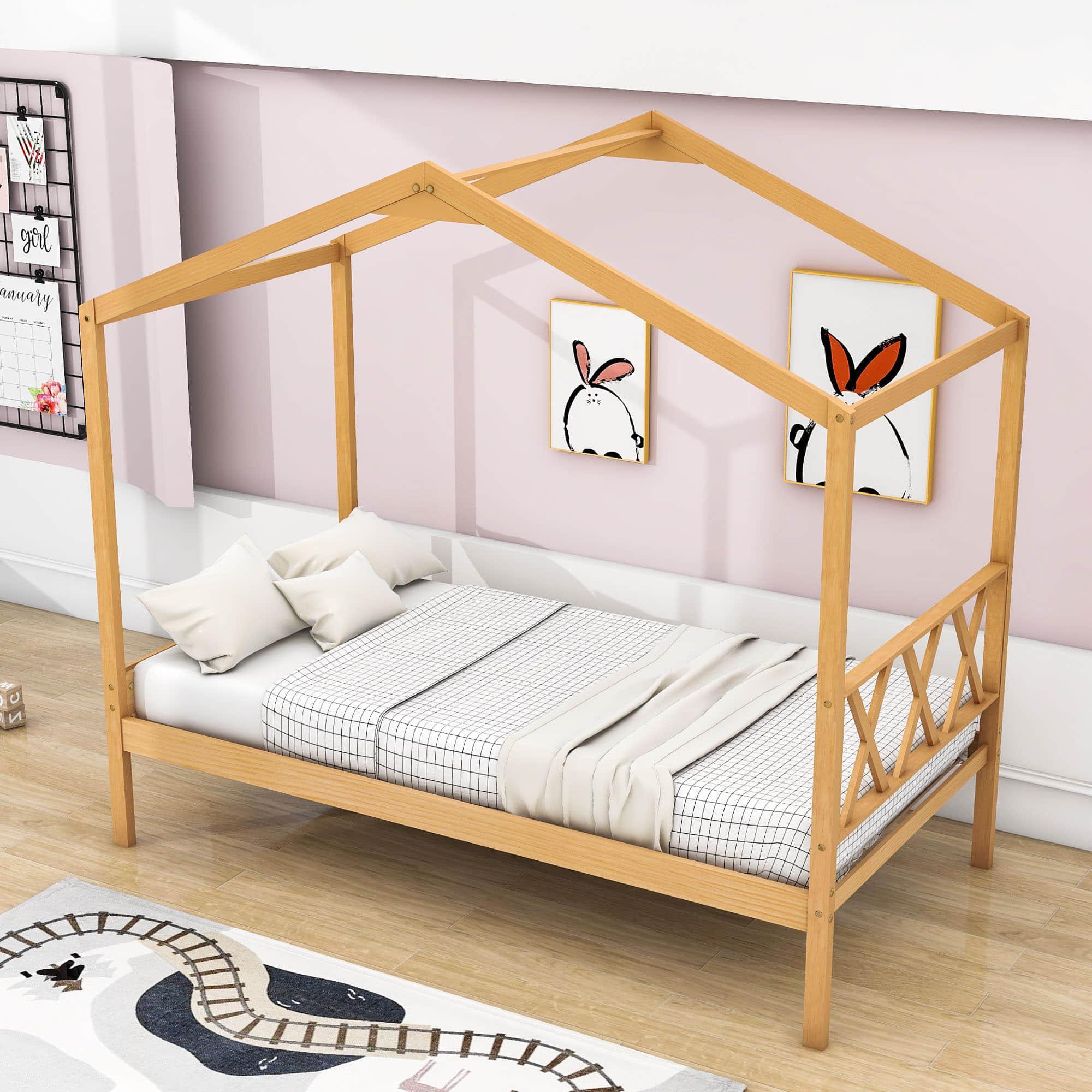 Twin Size Kids House Bed with Headboard and Storage - [Wooden]