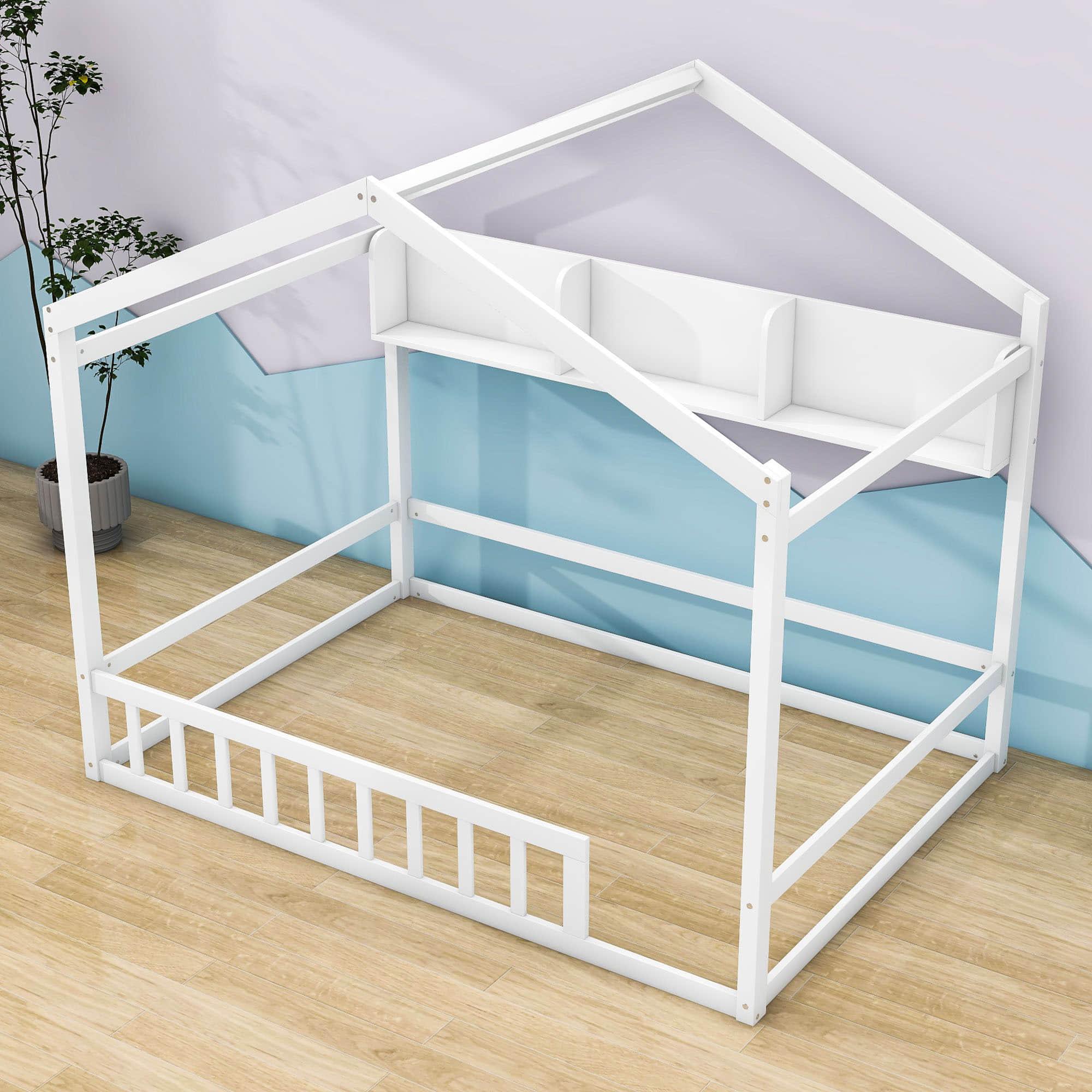 Wood House Full Size Floor Bed with Rails and Storage for Toddler, Kids