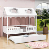 Wooden Twin Kids House Bed with Rails and Twin Trundle Bed