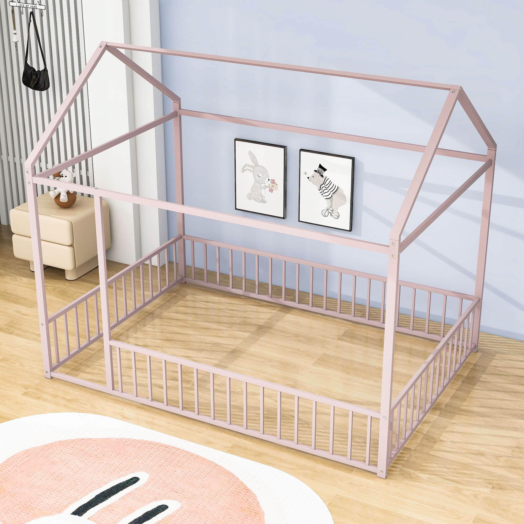 Full Size Metal House Toddler Floor Bed with Rails for Boys and Girls