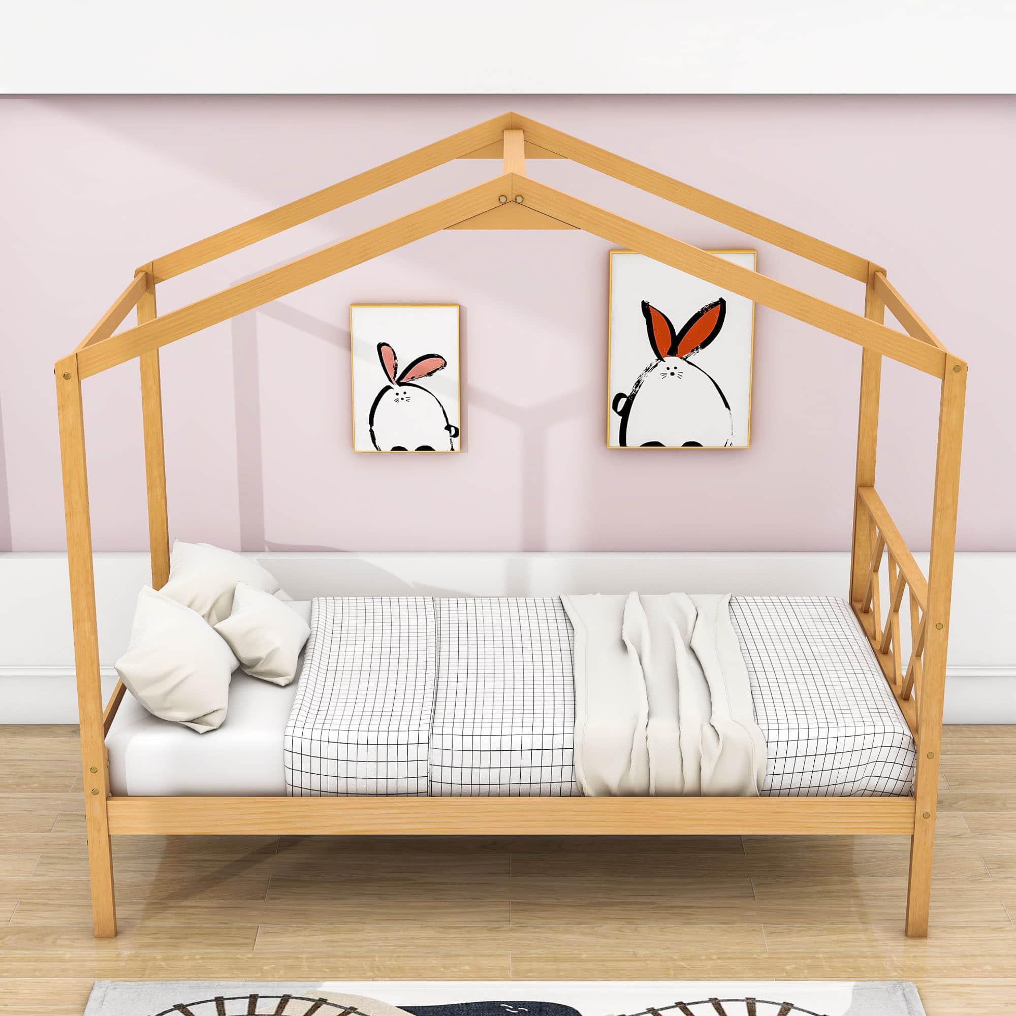 Twin Size Kids House Bed with Headboard and Storage - [Wooden]