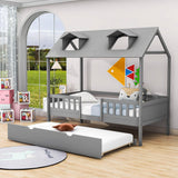 Wooden Twin Kids House Bed with Rails and Twin Trundle Bed