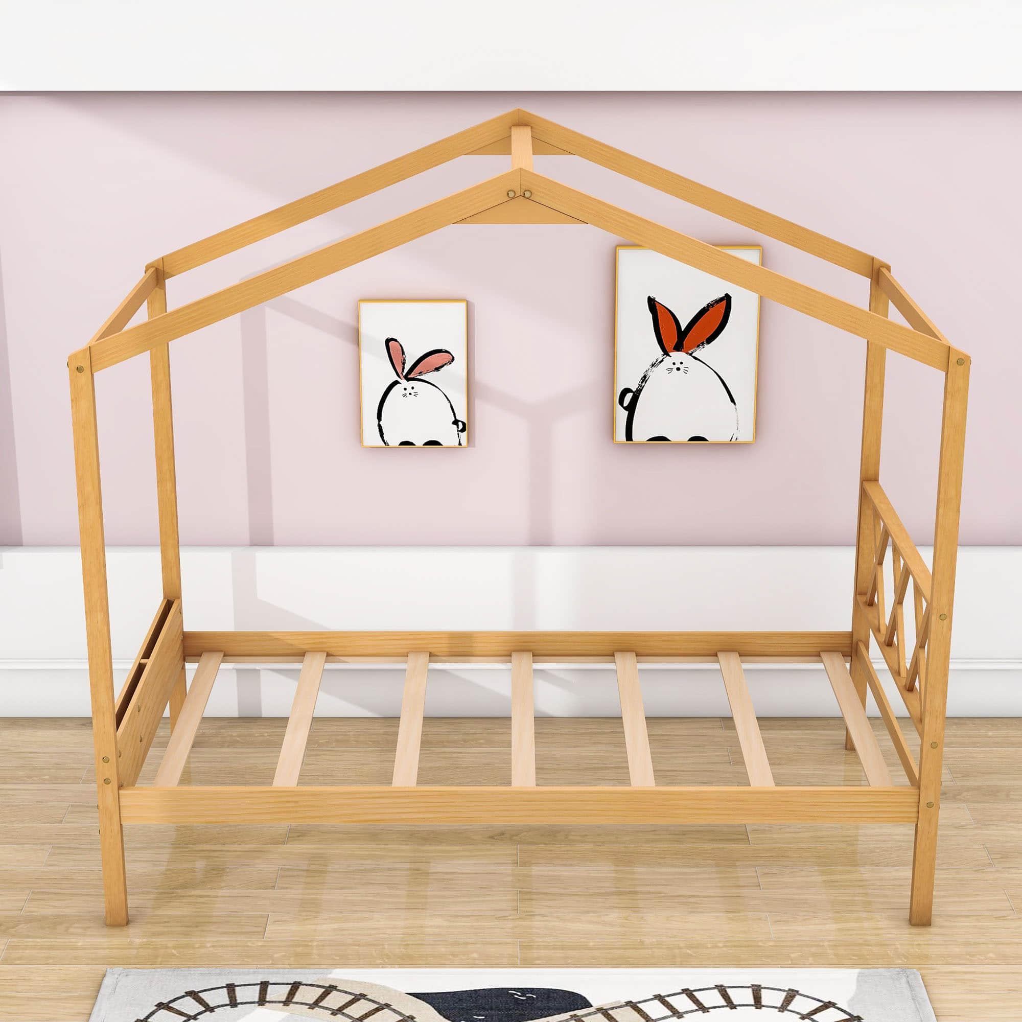 Twin Size Kids House Bed with Headboard and Storage - [Wooden]