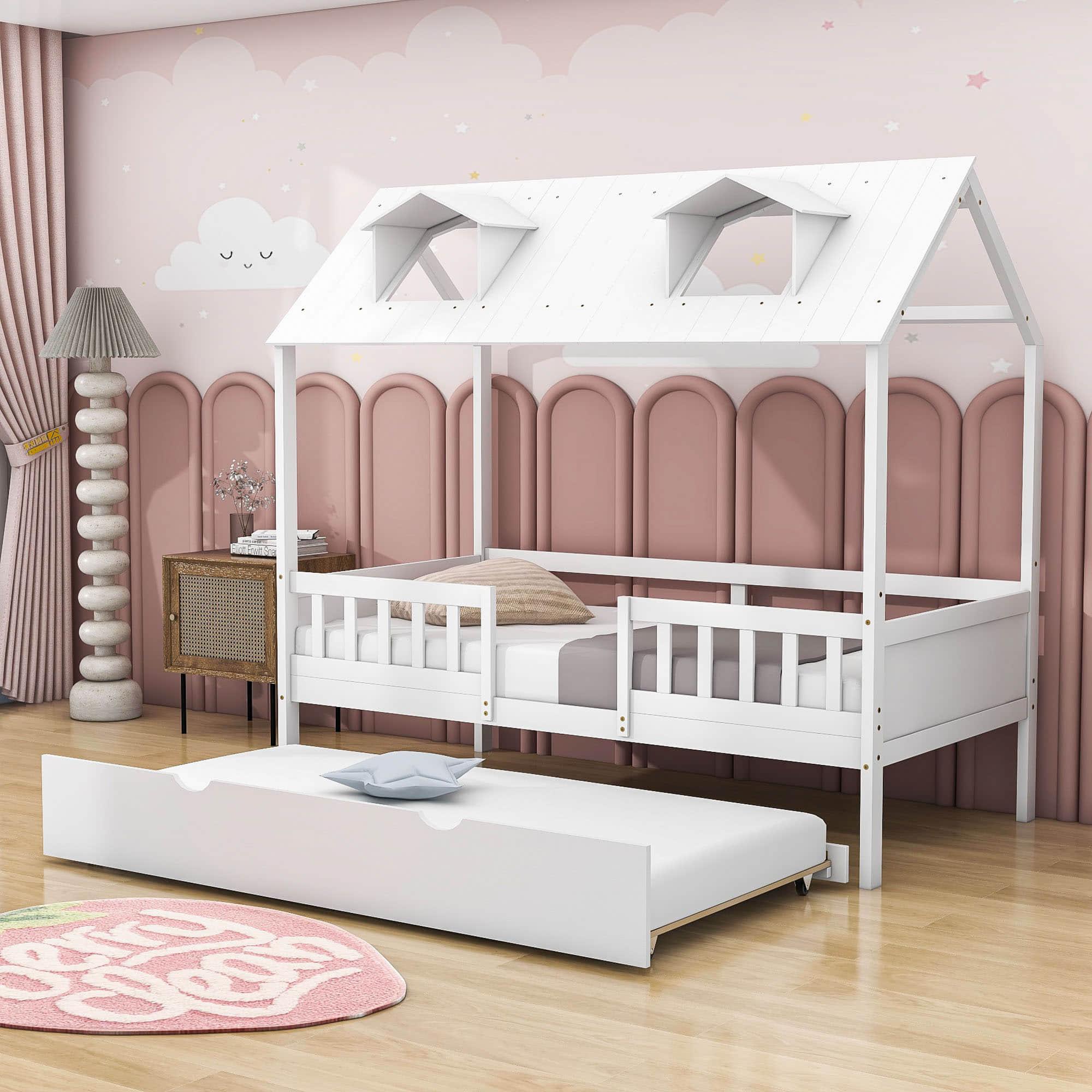 Wooden Twin Kids House Bed with Rails and Twin Trundle Bed