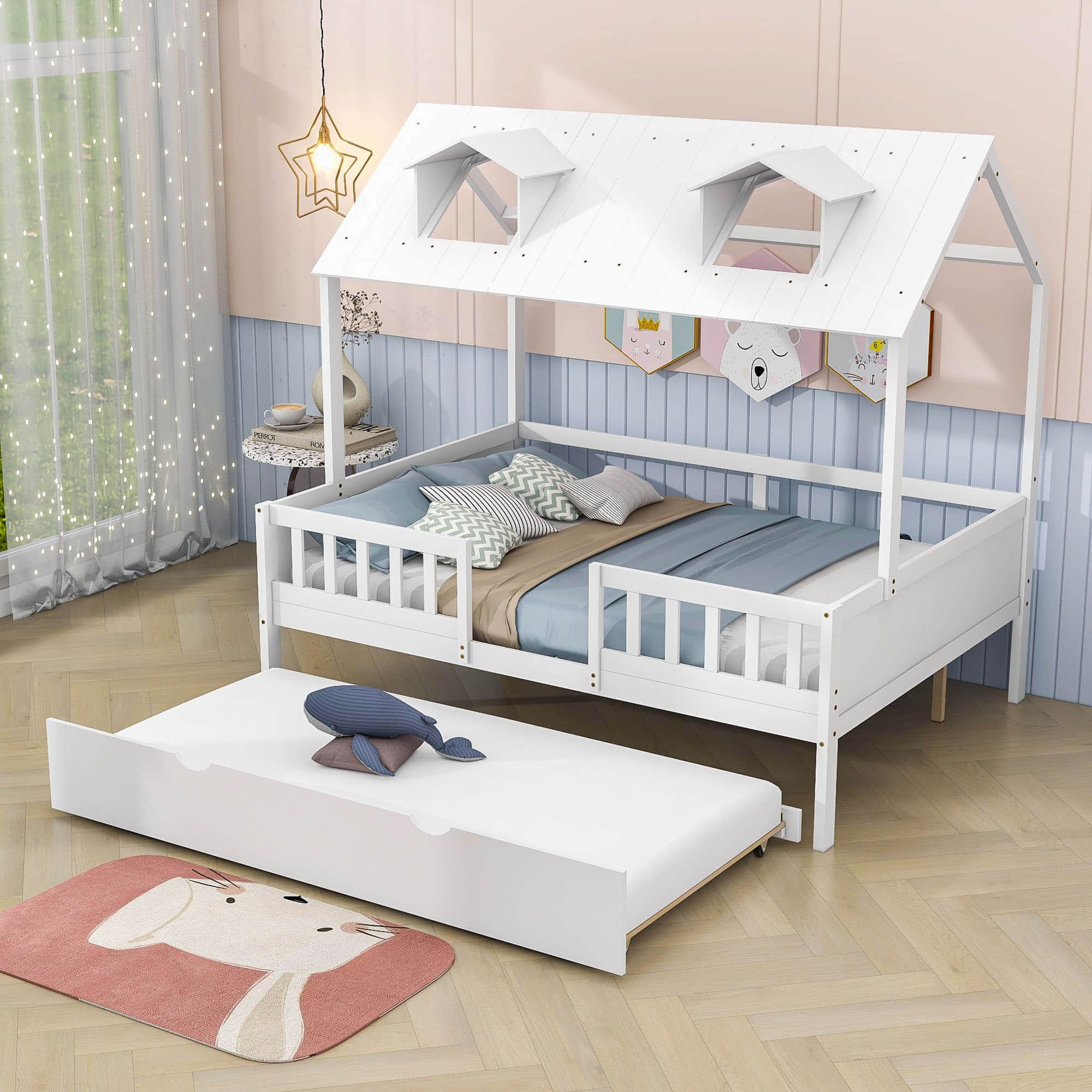 Wooden Full Size Kids House Bed with Rails and Twin Trundle Bed