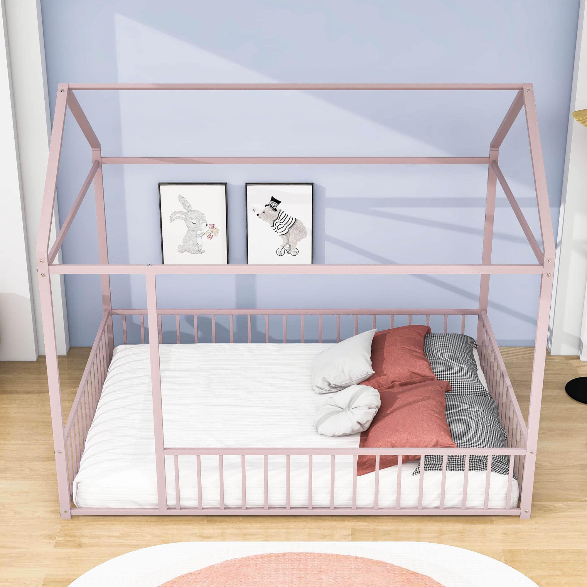 Full Size Metal House Toddler Floor Bed with Rails for Boys and Girls