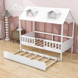 Wooden Twin Kids House Bed with Rails and Twin Trundle Bed