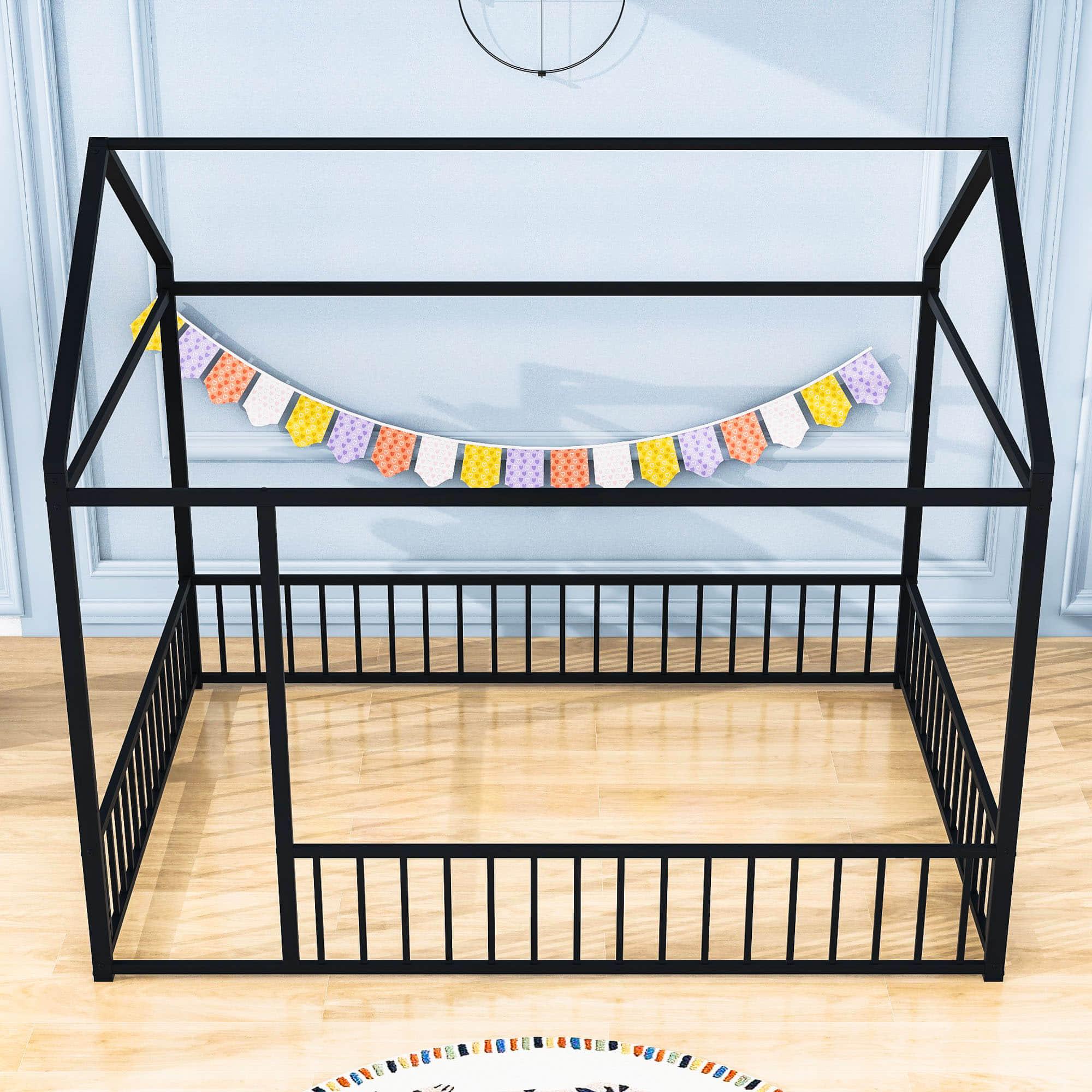 Full Size Metal House Toddler Floor Bed with Rails for Boys and Girls