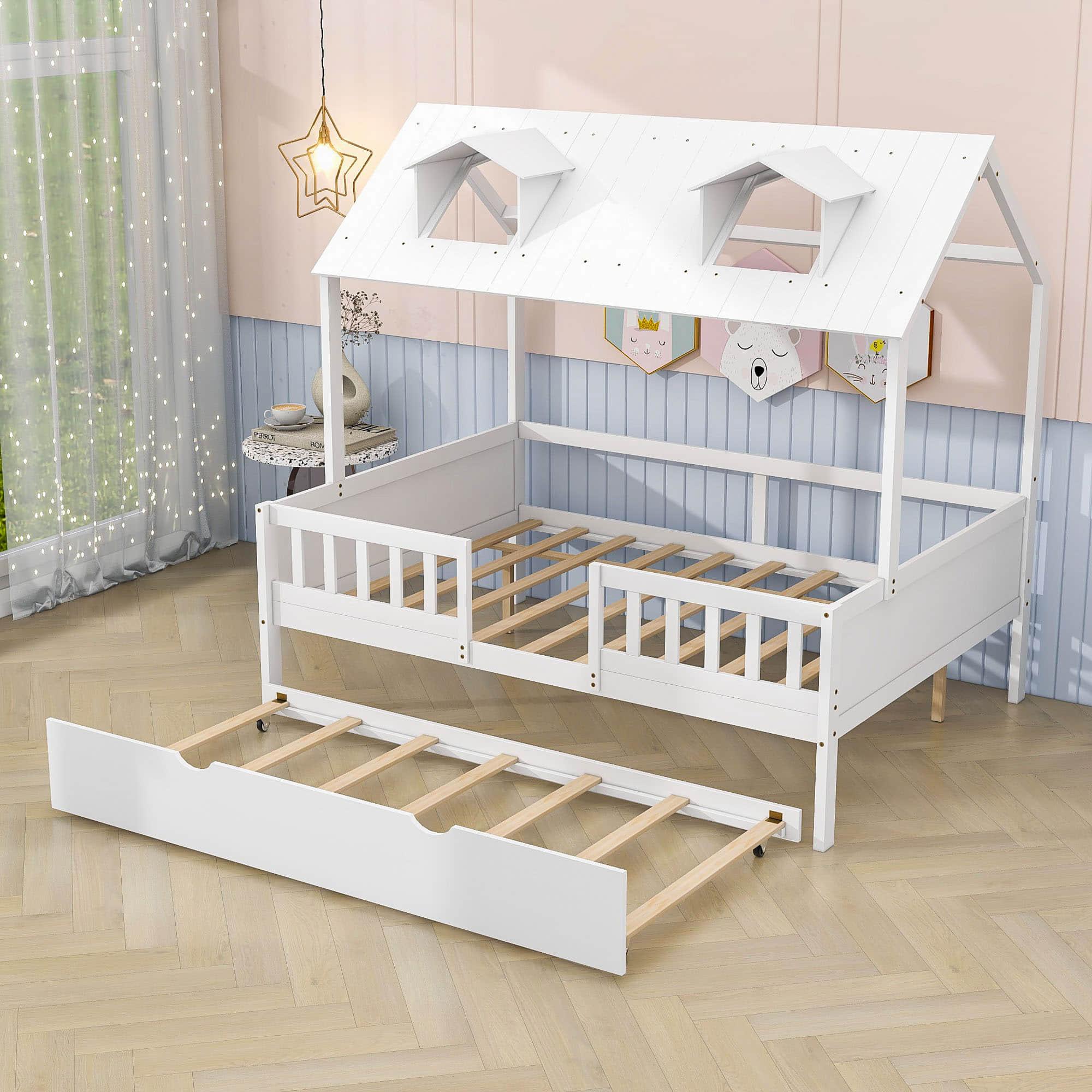 Wooden Full Size Kids House Bed with Rails and Twin Trundle Bed