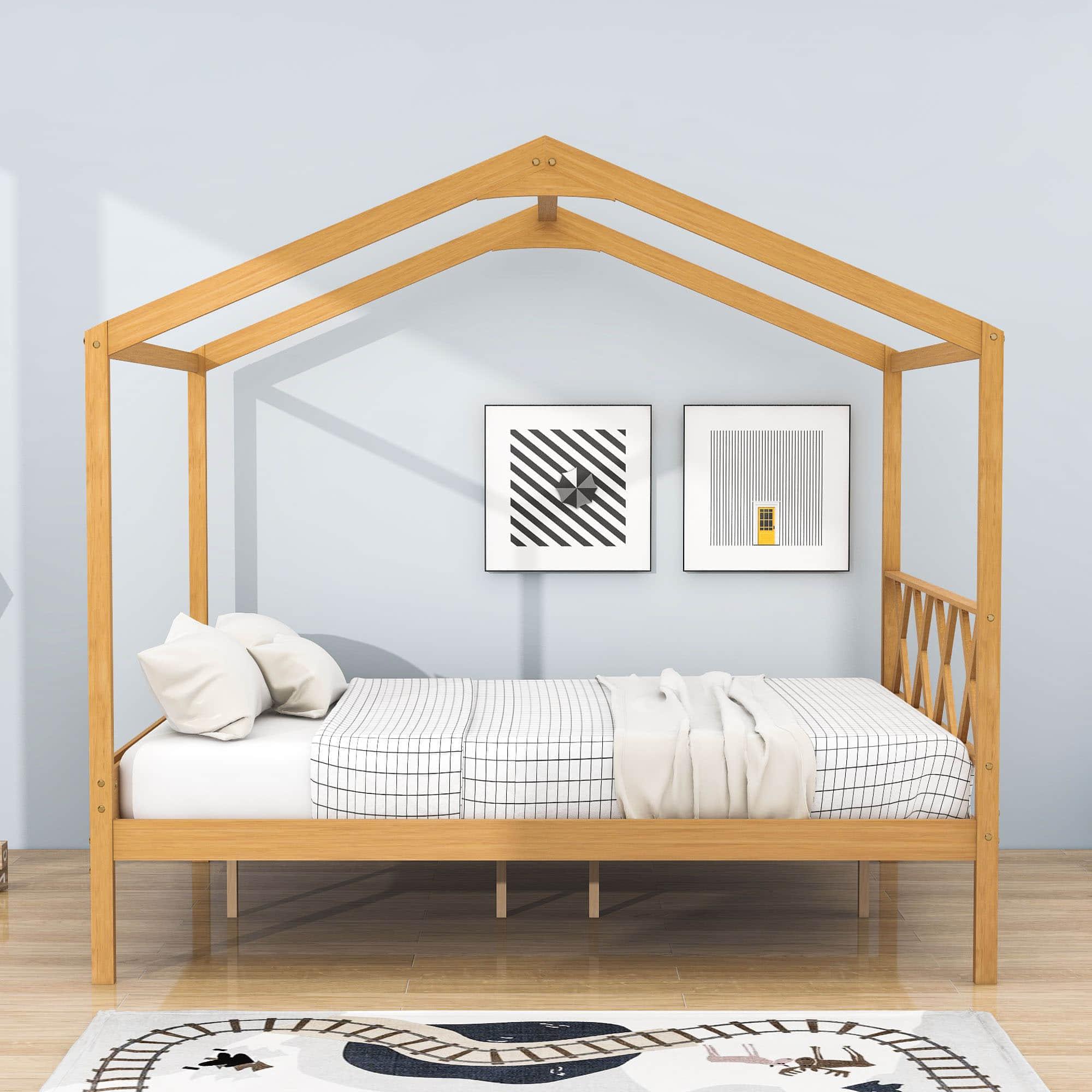 Full Size Kids House Bed with Headboard and Storage - [Wooden]