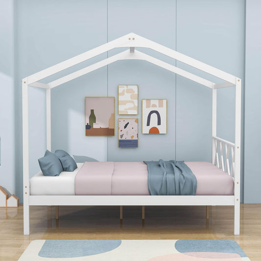 Full Size Kids House Bed with Headboard and Storage - [Wooden]