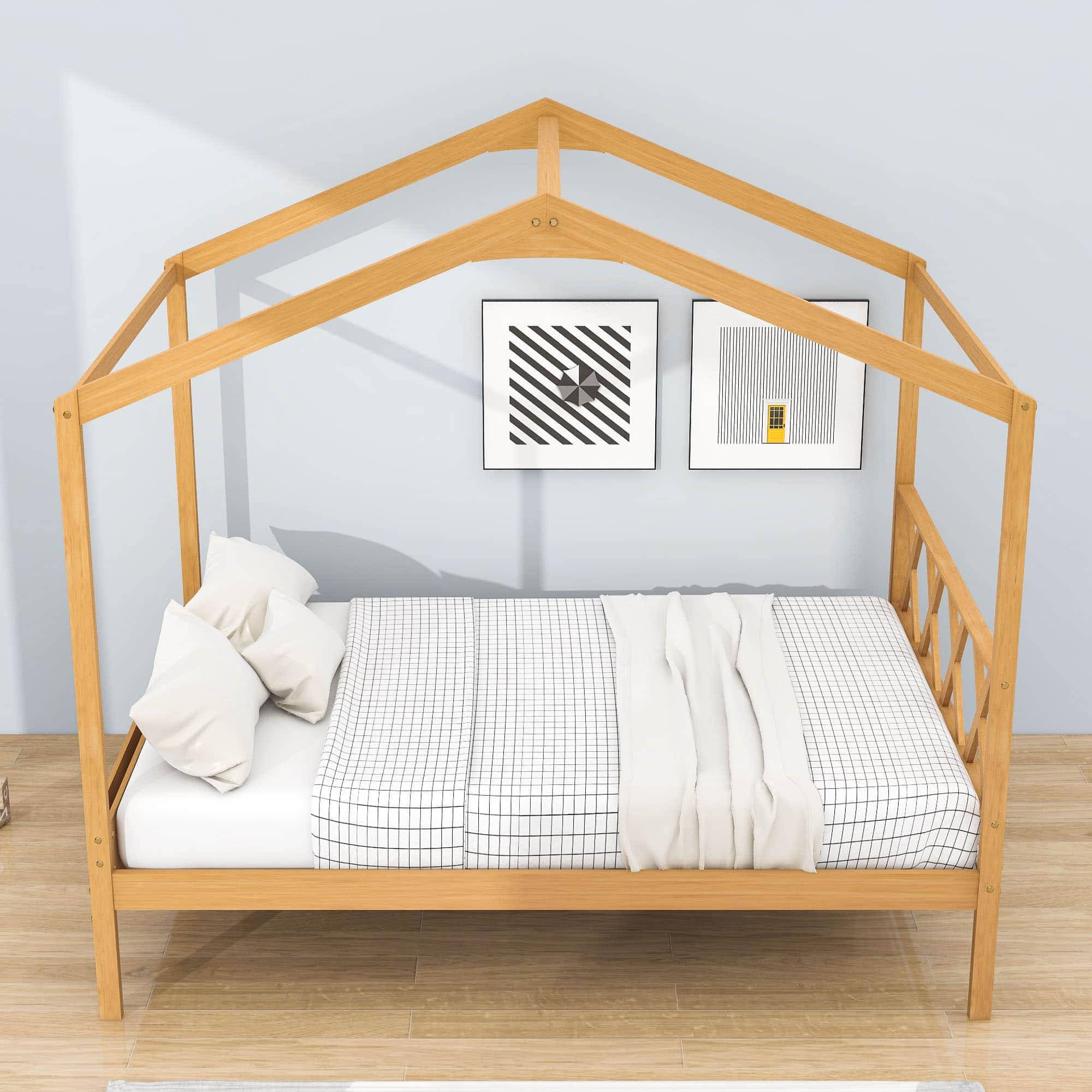 Full Size Kids House Bed with Headboard and Storage - [Wooden]