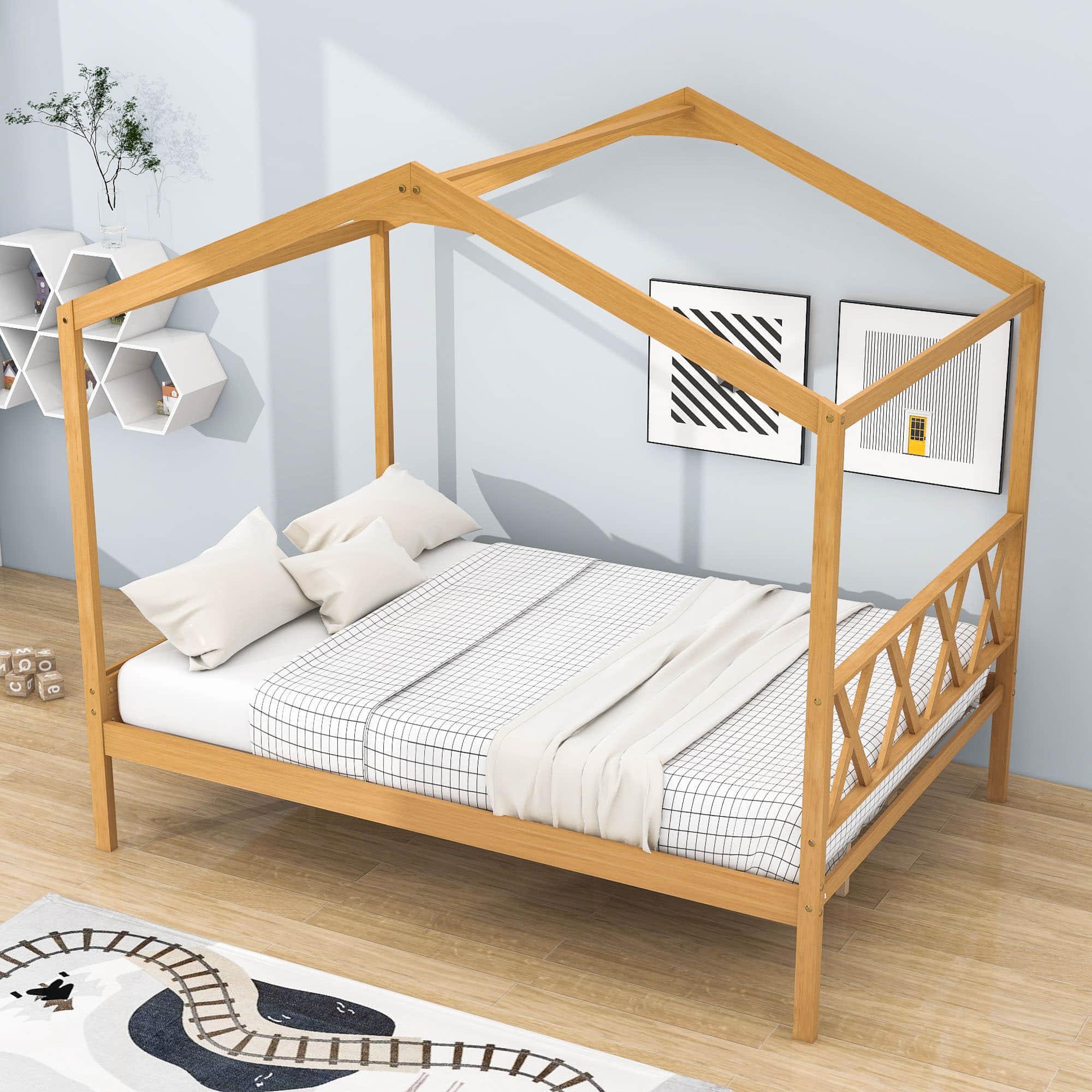 Full Size Kids House Bed with Headboard and Storage - [Wooden]