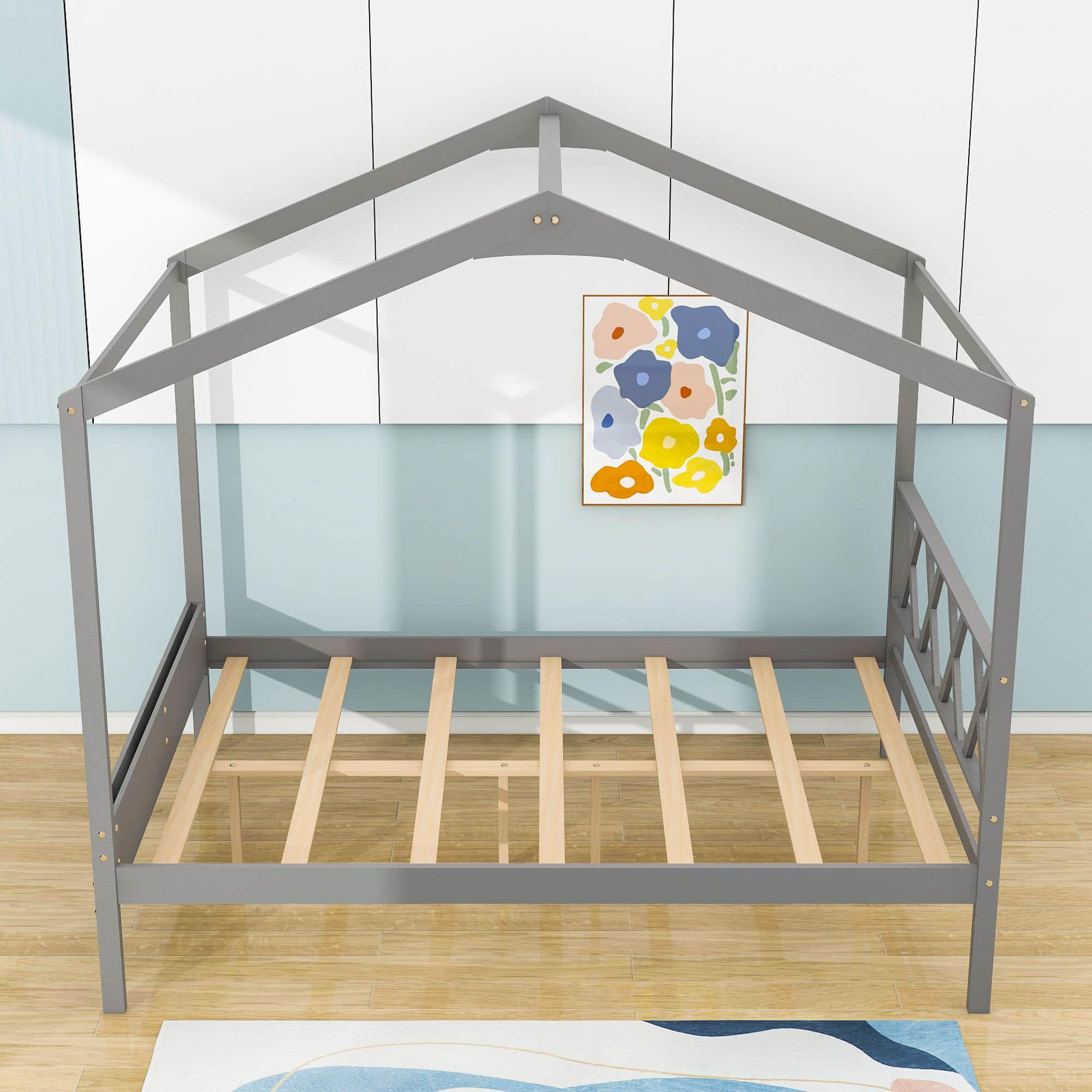 Full Size Kids House Bed with Headboard and Storage - [Wooden]