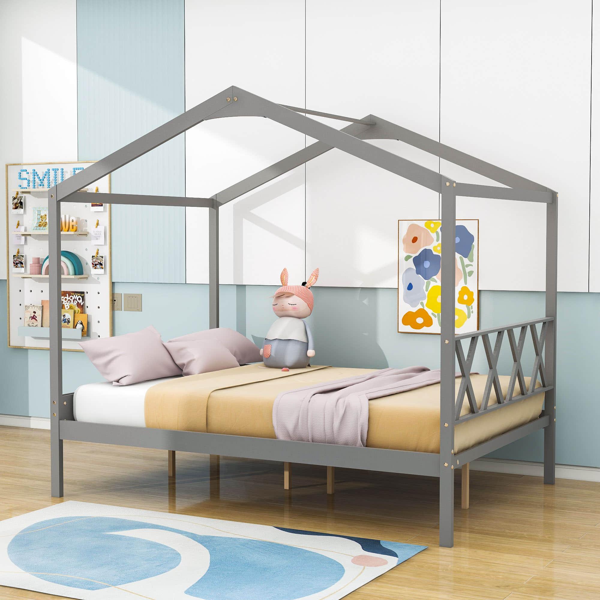 Full Size Kids House Bed with Headboard and Storage - [Wooden]