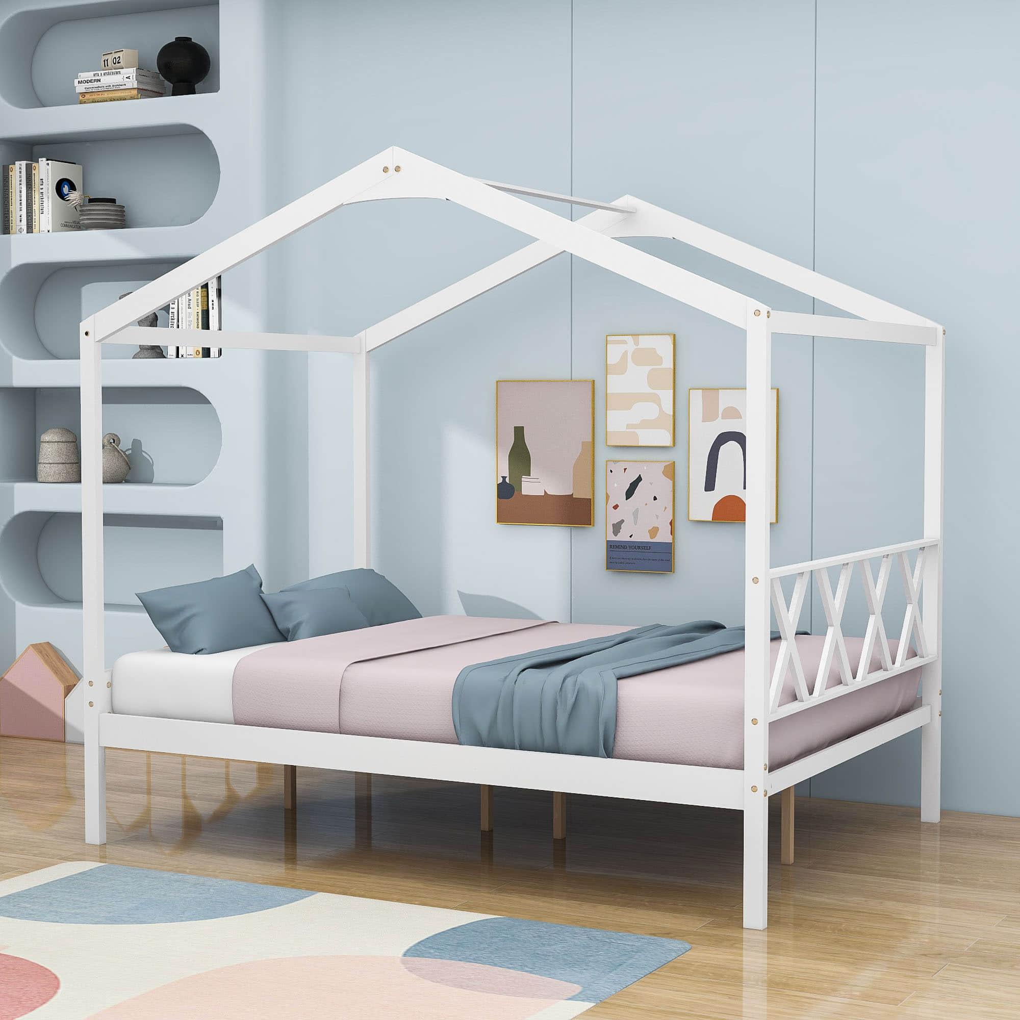 Full Size Kids House Bed with Headboard and Storage - [Wooden]