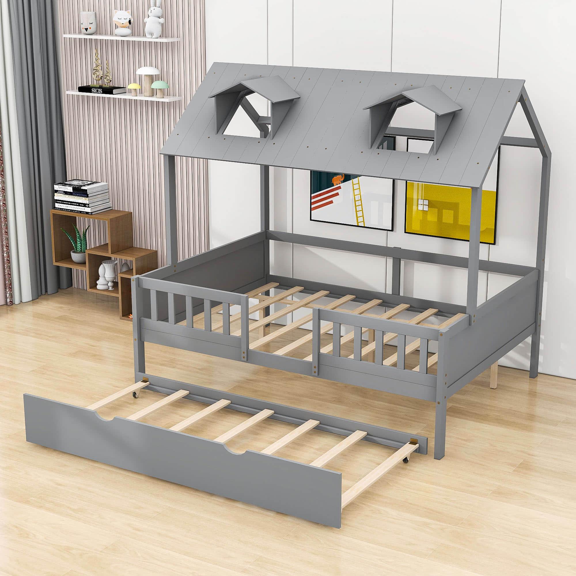 Wooden Full Size Kids House Bed with Rails and Twin Trundle Bed