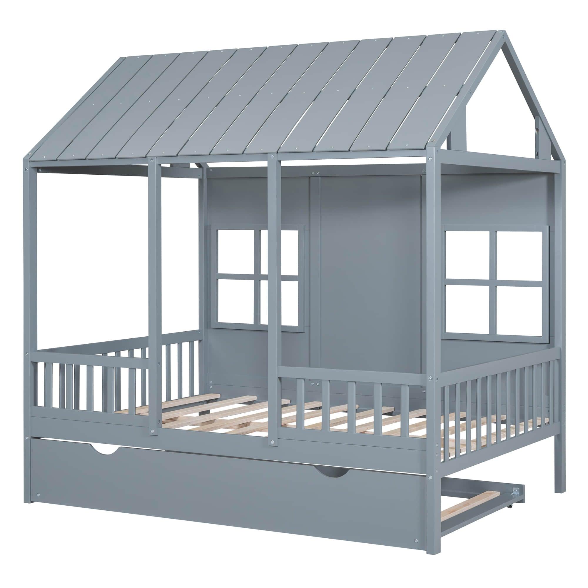 Wooden Full Size Kids House Bed with Twin Trundle Bed and Rails