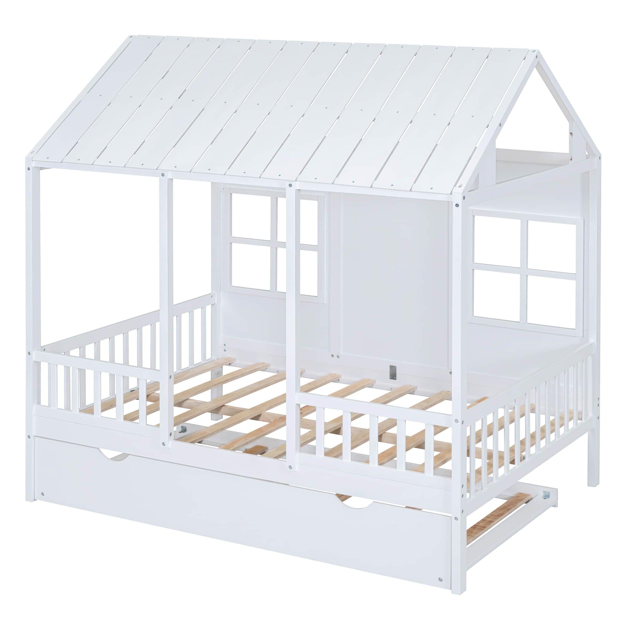 Wooden Full Size Kids House Bed with Twin Trundle Bed and Rails