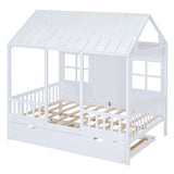 Wooden Full Size Kids House Bed with Twin Trundle Bed and Rails