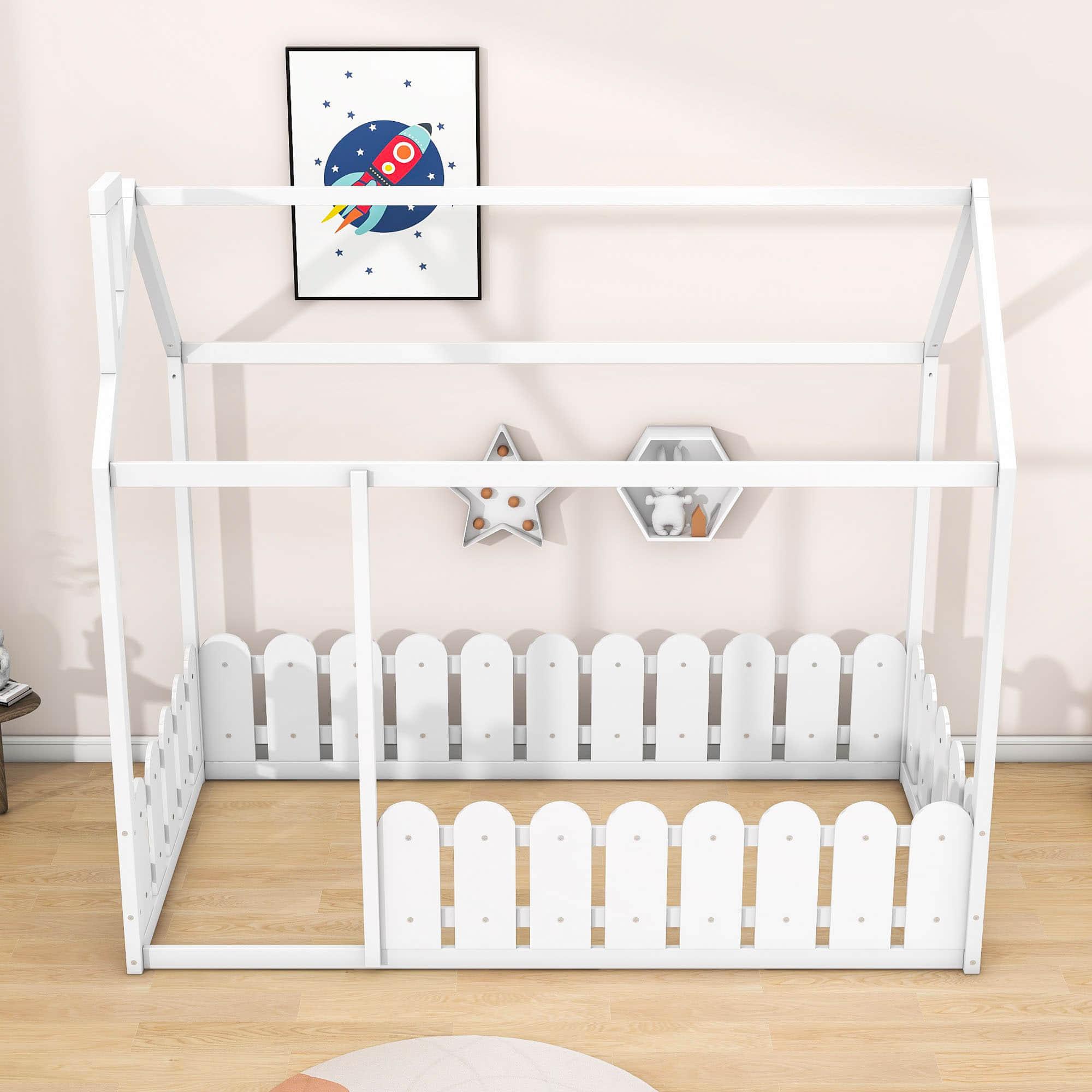 Twin Toddler Floor House Bed Frame with Rails - [Without Slats]