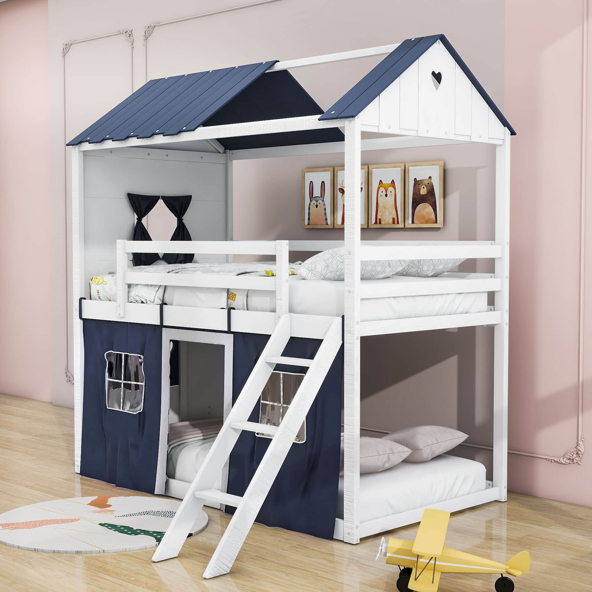 Low Twin Over Twin House Loft Bunk Beds for Kids with Curtains - [Floor]