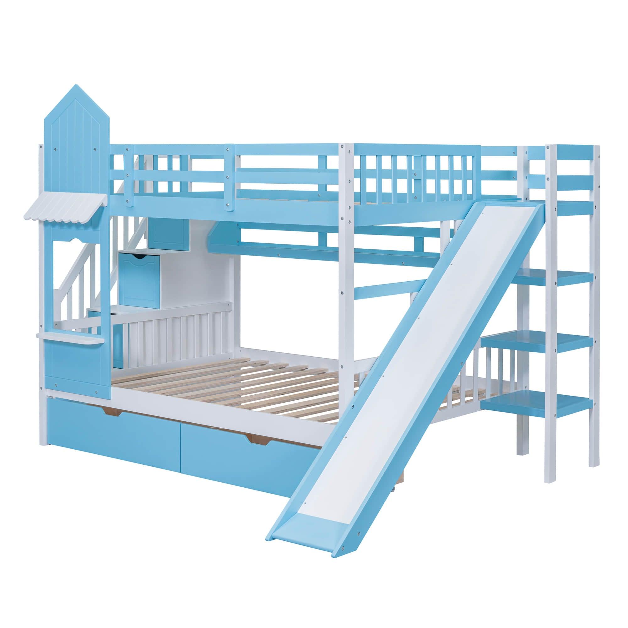 Full Over Full Castle Bunk Beds with Stairs and Slide for Girls, Boys