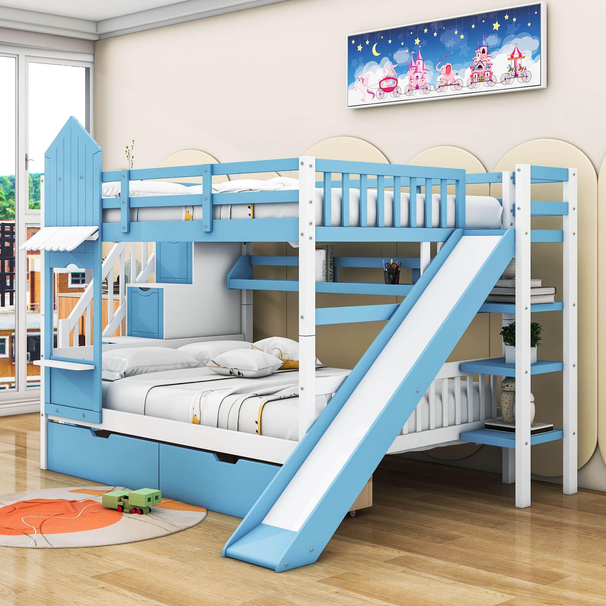 Full Over Full Castle Bunk Beds with Stairs and Slide for Girls, Boys