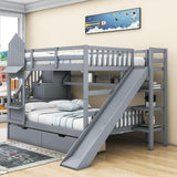 Full Over Full Castle Bunk Beds with Stairs and Slide for Girls, Boys