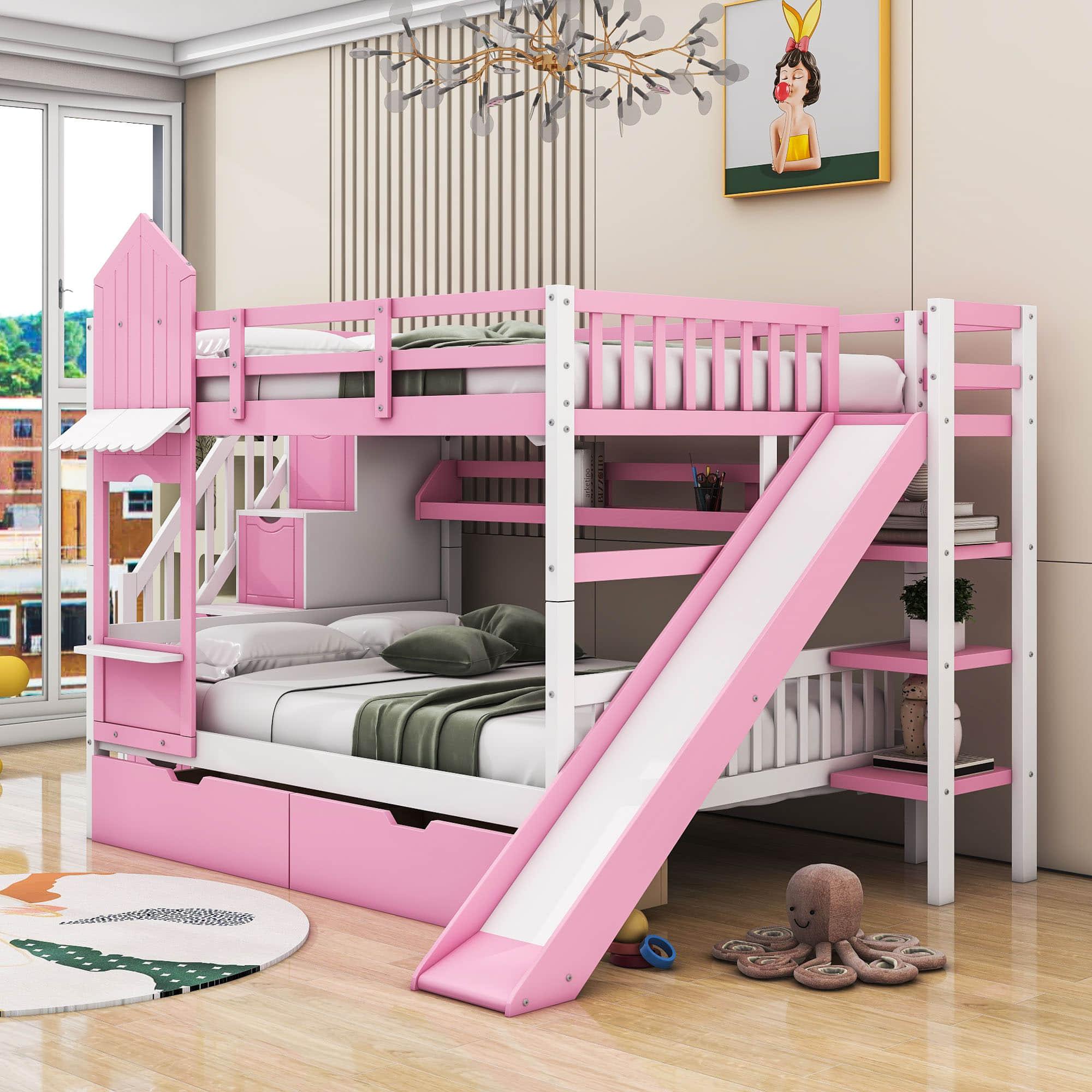 Full Over Full Castle Bunk Beds with Stairs and Slide for Girls, Boys