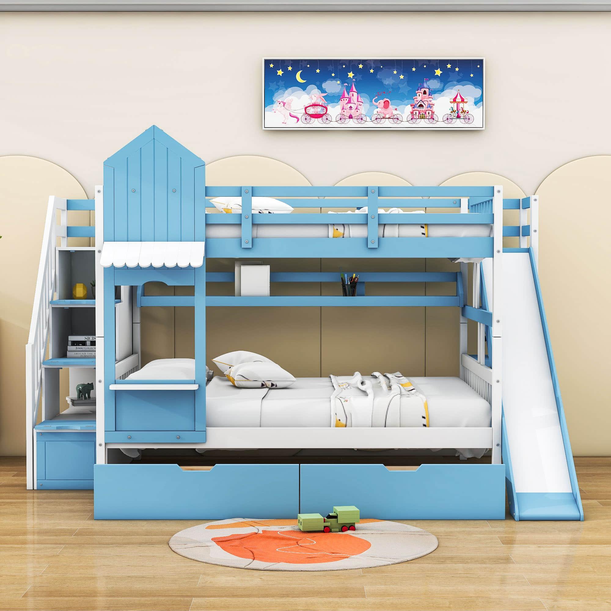 Full Over Full Castle Bunk Beds with Stairs and Slide for Girls, Boys