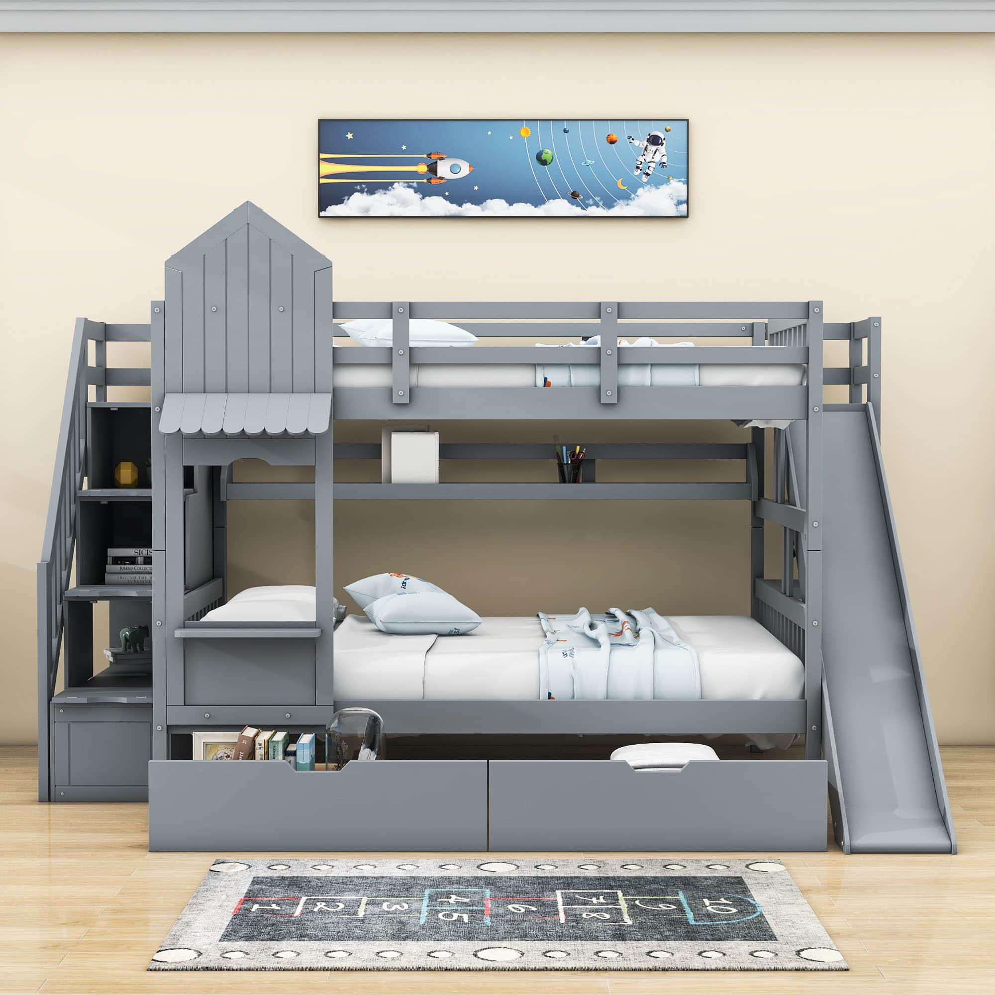 Full Over Full Castle Bunk Beds with Stairs and Slide for Girls, Boys